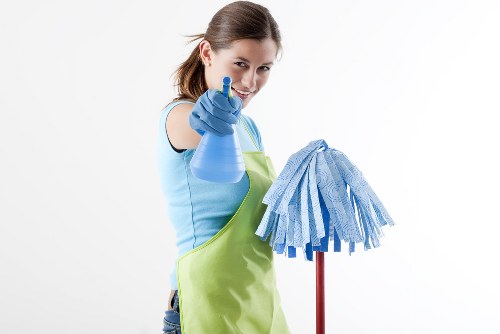 Professional commercial cleaning in a modern business lobby
