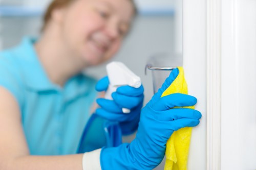 Technician performing deep carpet cleaning in a home hallway