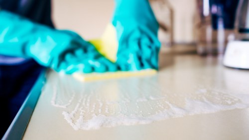 Office cleaning routine in a conference room